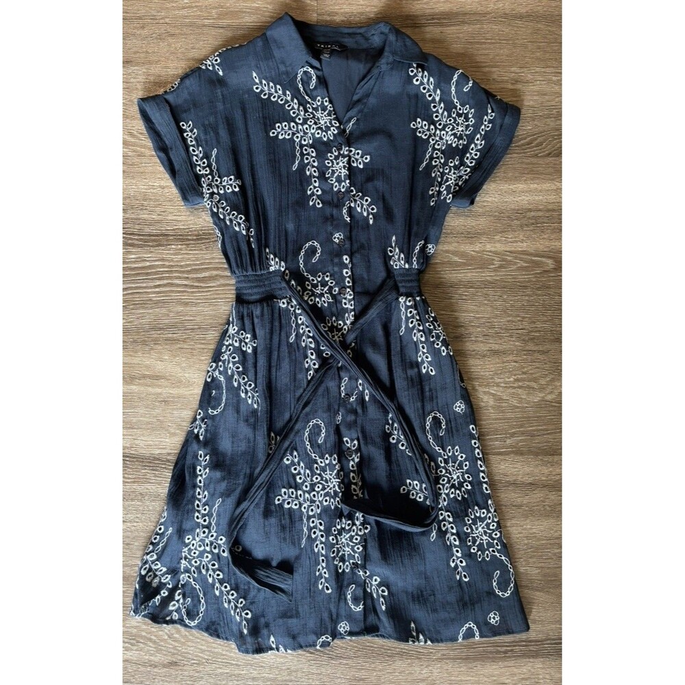 Tribal Women's Embroidered Floral Blue Shirt Dress Faux Wrap Size XS Pockets